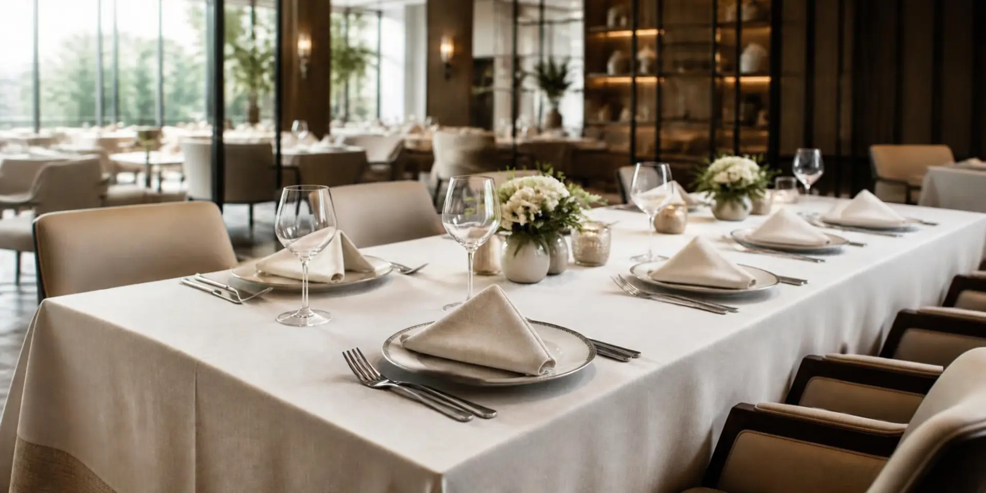 Mesa de restaurante de hotel posta com toalha e guardanapos de tecido