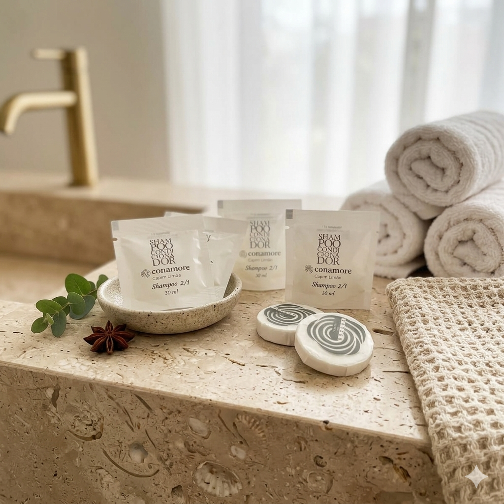 Amenities de hotel organizados sobre bancada de pedra