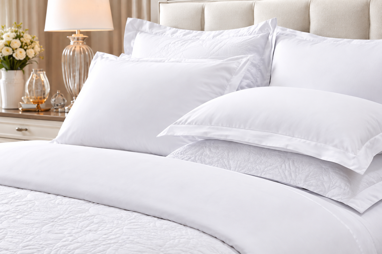 Cama elegante com enxoval branco e peseira bege