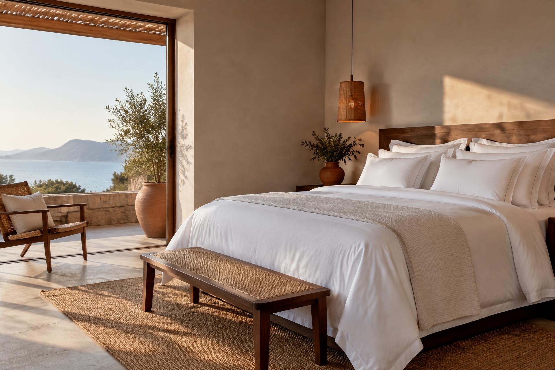 Suíte de hotel com cama preparada com enxoval branco